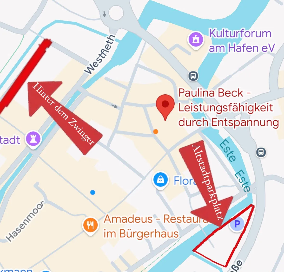 Karte mit den Parkmöglichkeiten „Hinter dem Zwinger” und „Altstadtparkplatz” in der Nähe der Praxis von Paulina Beck in Buxtehude